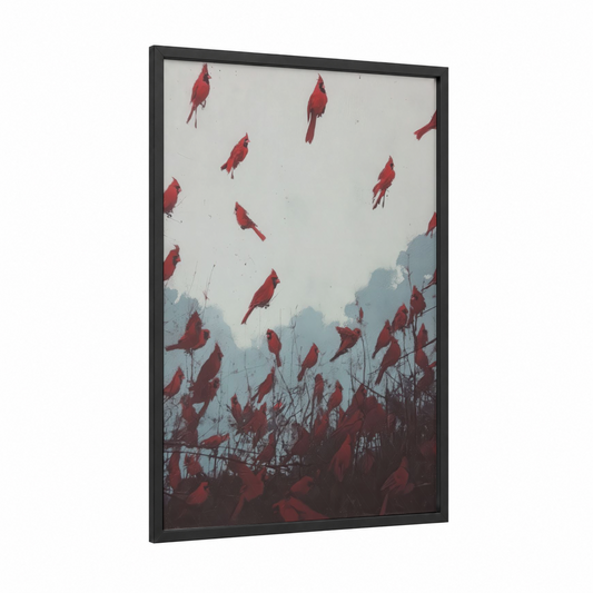 Crimson Cardinal Flock framed art print — black wood frame — maroon and dove gray palette