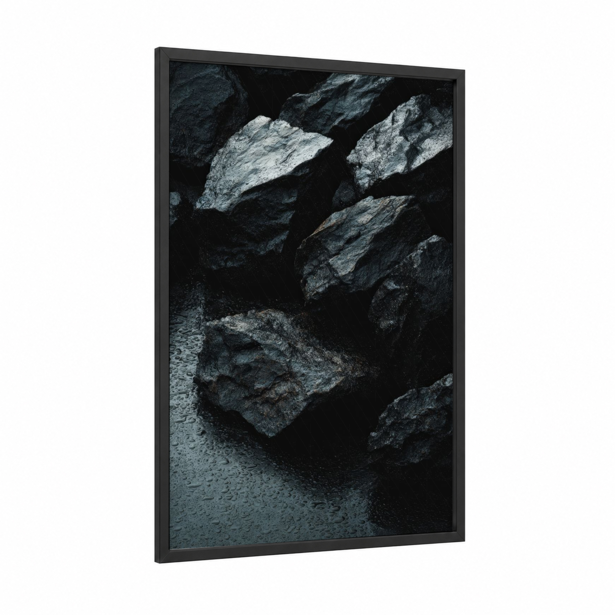 Slate Water Stones framed natural stones print — black wood frame — black and white and gray palette