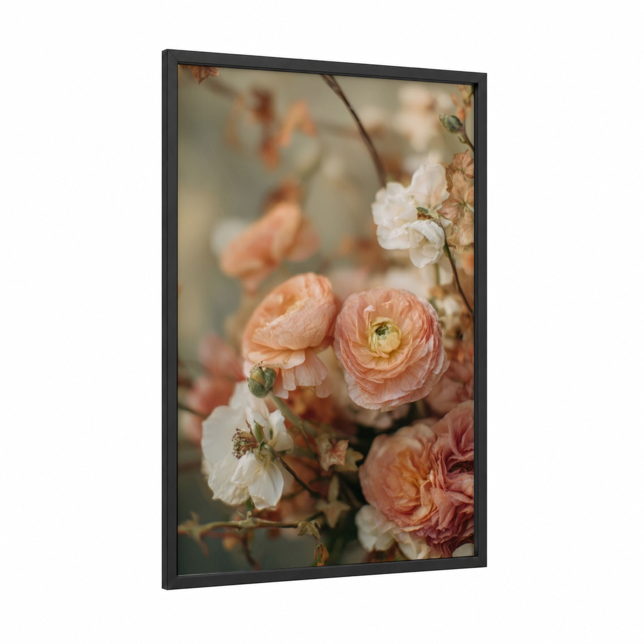 Peachy Ranunculus framed art print — black wood frame — peach and white palette