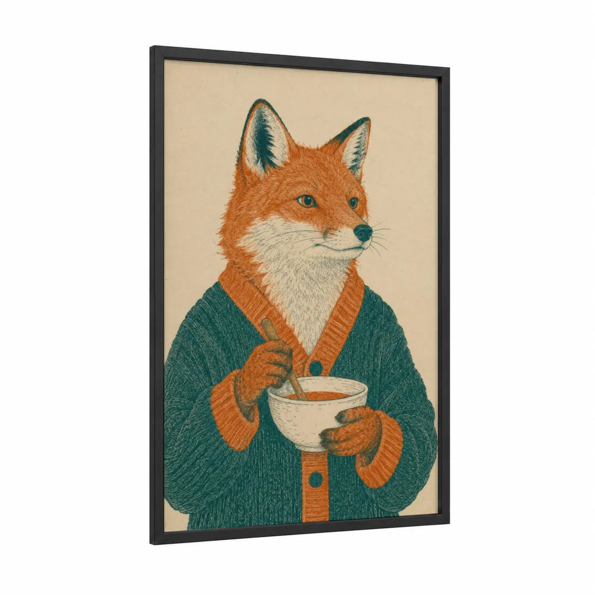Fox With Coffee Cup Wall Art framed art print — black wood frame — orange and teal palette