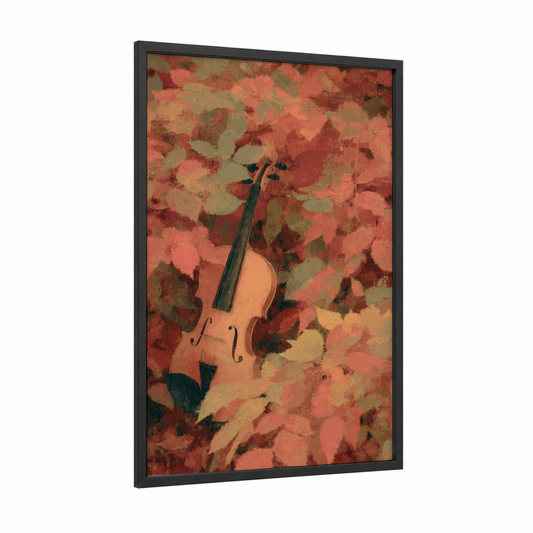 Autumn Violin framed art print — black wood frame — russet and peach palette