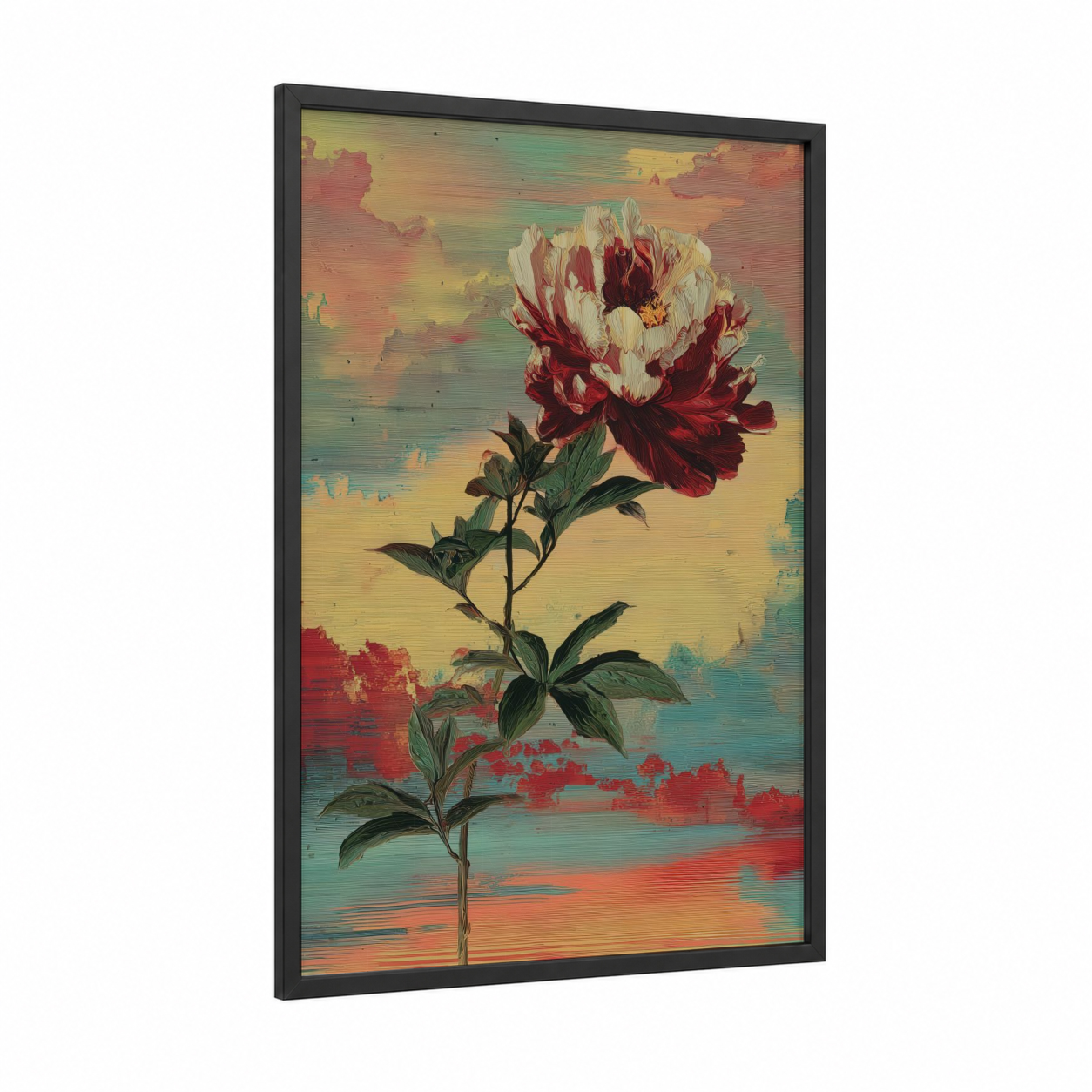 Crimson Peony Sunrise framed art print — black wood frame — gold and red palette
