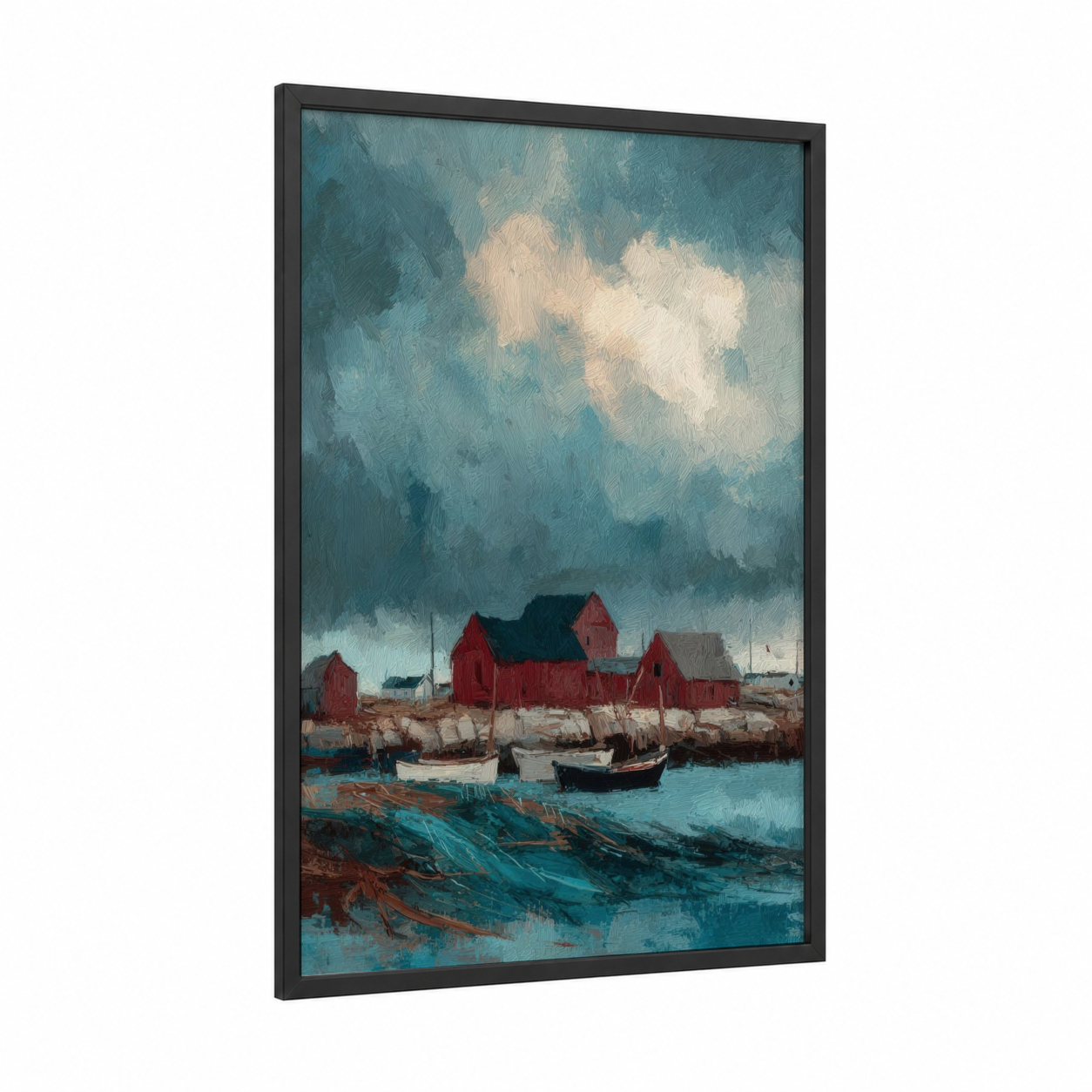 Coastal Harbor Village framed art print — black wood frame — teal and russet palette