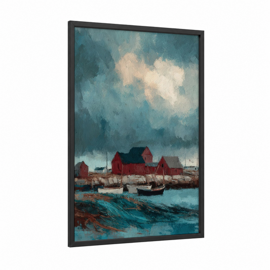 Coastal Harbor Village framed art print — black wood frame — teal and russet palette
