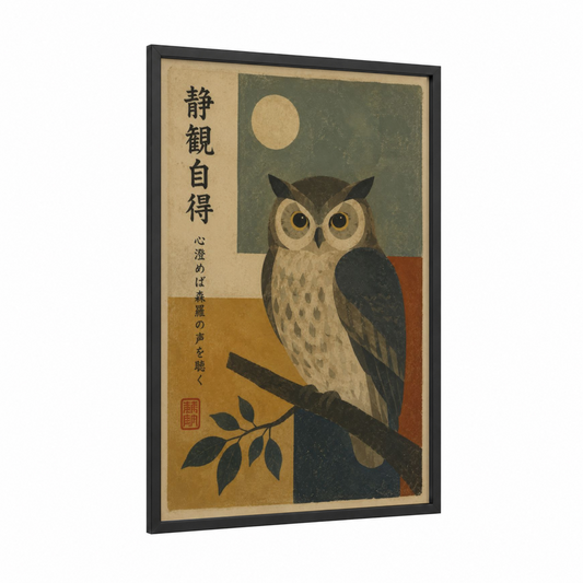 Japanese Owl Moon Night Wall Art framed art print — black wood frame — beige and olive palette