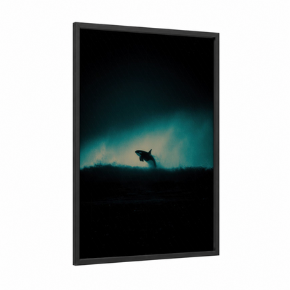 Breaching Orca framed orca whale print — black wood frame — teal and black and white palette