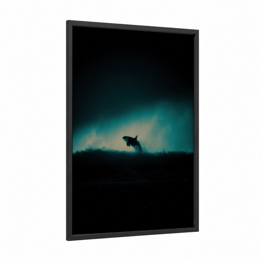 Breaching Orca framed orca whale print — black wood frame — teal and black and white palette