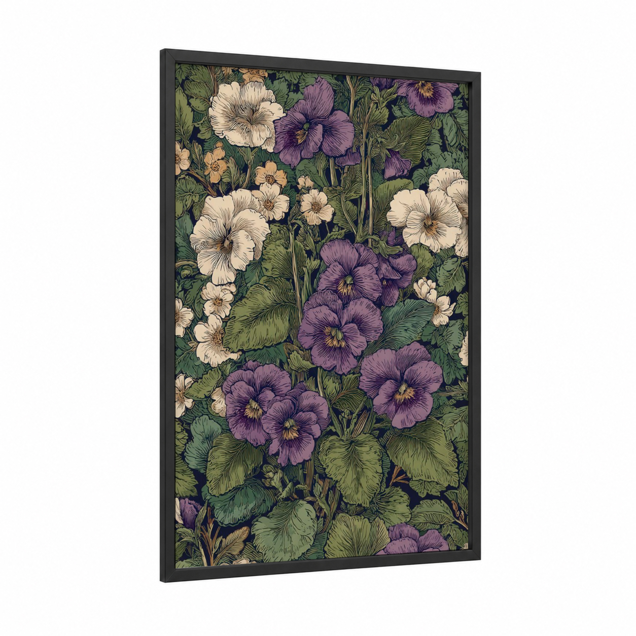Vintage Violets Garden framed art print — black wood frame — purple and green palette