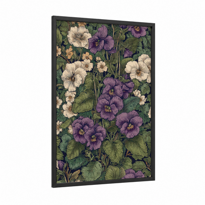 Vintage Violets Garden framed art print — black wood frame — purple and green palette