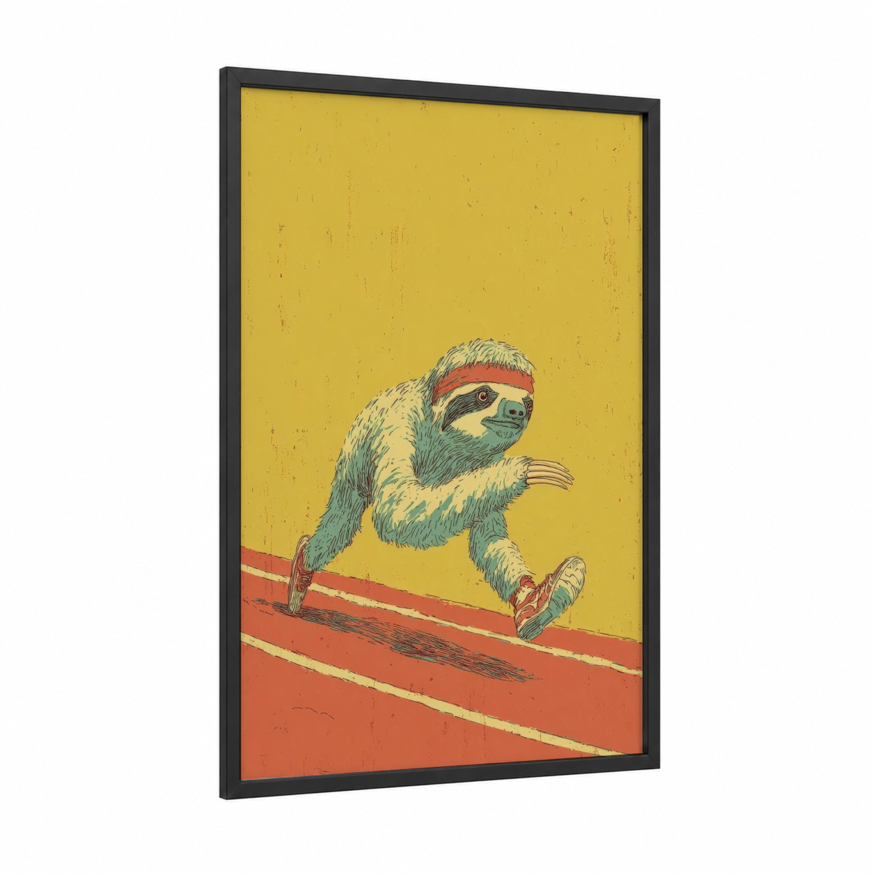 Athlete Sloth framed art print — black wood frame — yellow gold and red palette