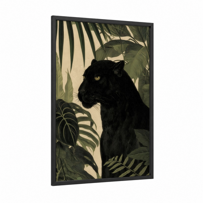 Jungle Panther framed art print — black wood frame — dark green and cream palette