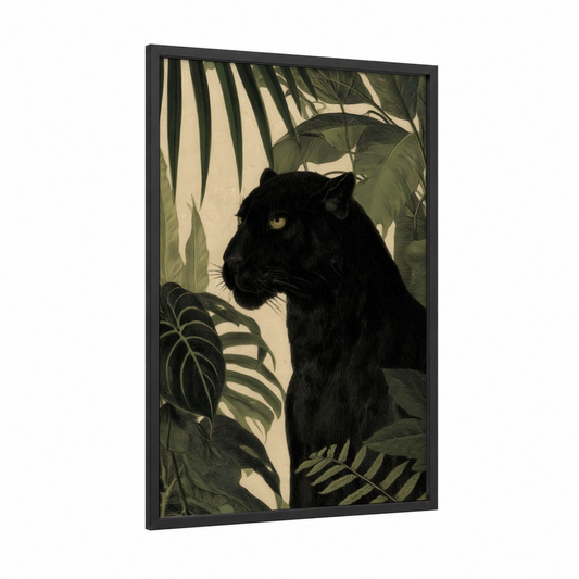 Jungle Panther framed art print — black wood frame — dark green and cream palette