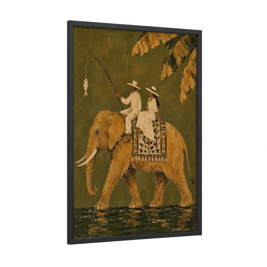 Couple Fishing on Elephant Wall Art framed art print — black wood frame — olive and gold palette