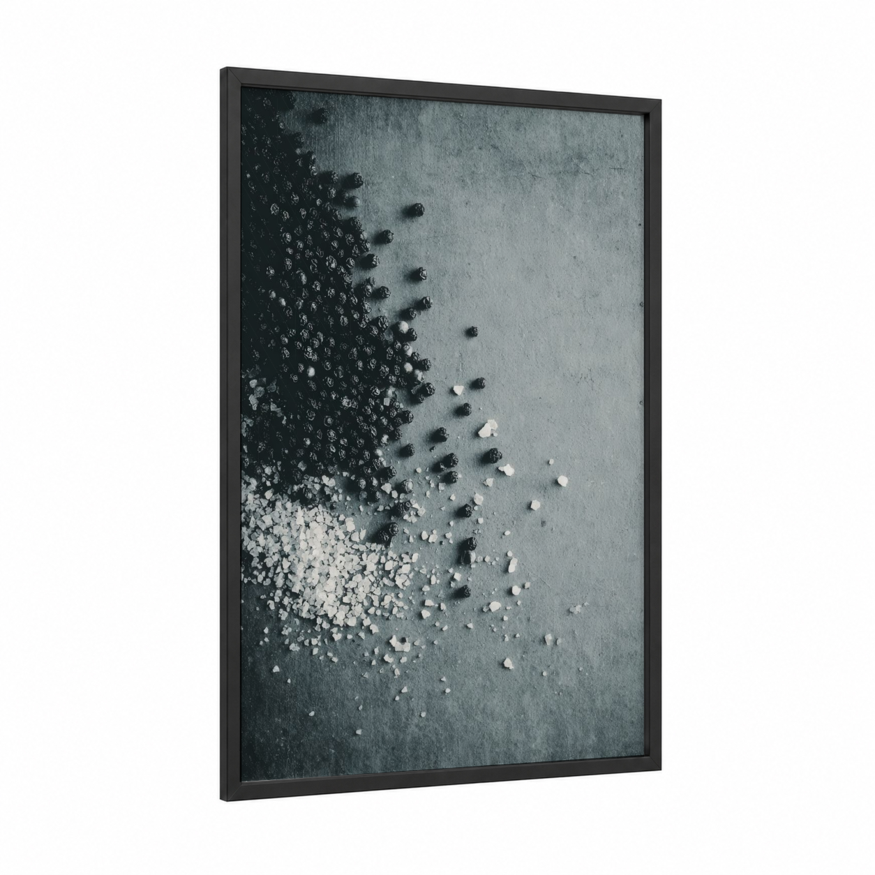 Monochrome Spice Scatter framed herbs and spices print — black wood frame — black and white and gray palette