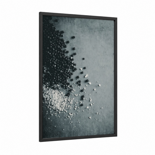 Monochrome Spice Scatter framed herbs and spices print — black wood frame — black and white and gray palette