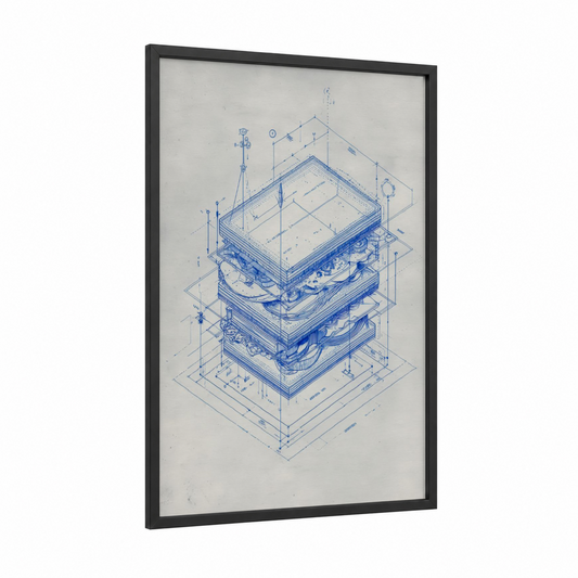 Layered Blueprint framed blueprints print — black wood frame — blue and cream palette