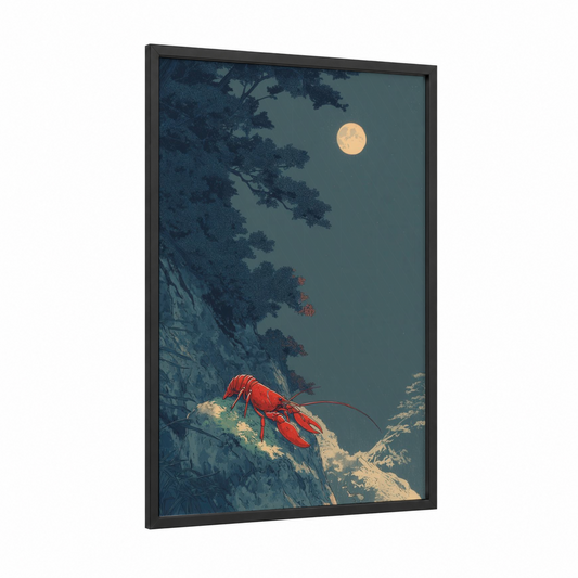 Moonlit Crayfish framed art print — black wood frame — blue and white and gold and white palette