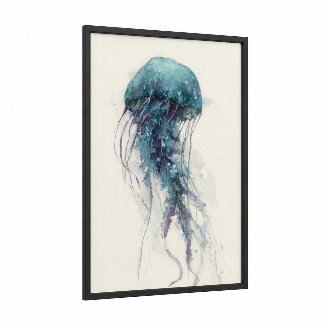 Ethereal Jellyfish framed art print — black wood frame — teal and purple palette
