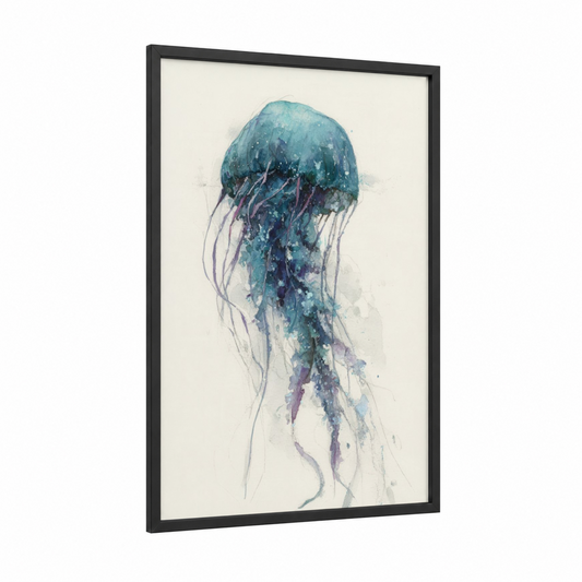 Ethereal Jellyfish framed art print — black wood frame — teal and purple palette