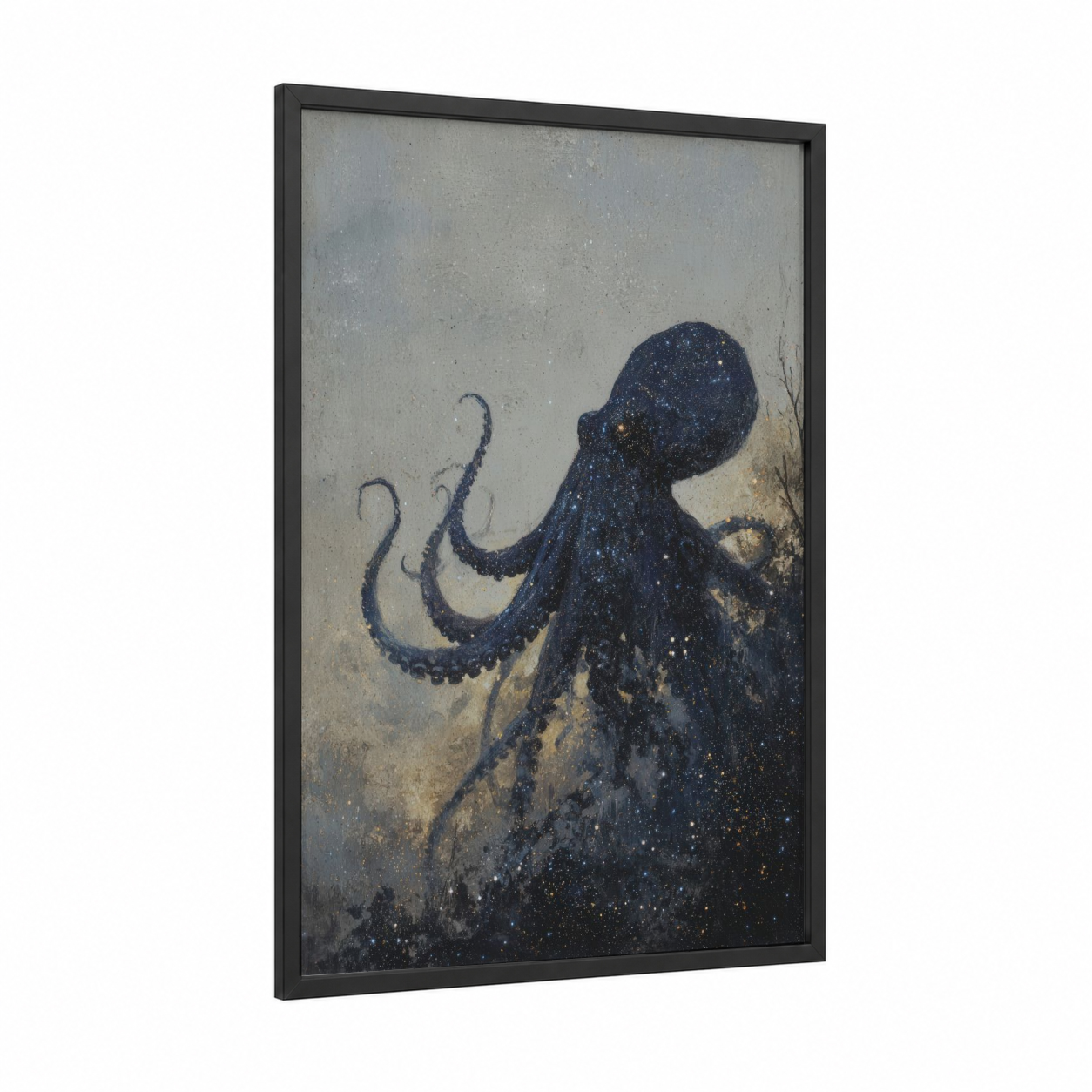 Cosmic Octopus framed art print — black wood frame — dark blue and gold and white palette