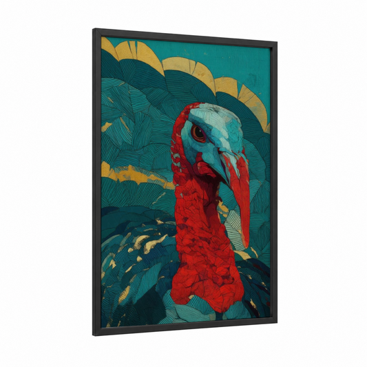 Scarlet Turkey framed art print — black wood frame — red and teal palette