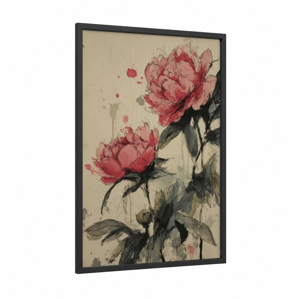 Crimson Peony framed art print — black wood frame — salmon pink and black palette