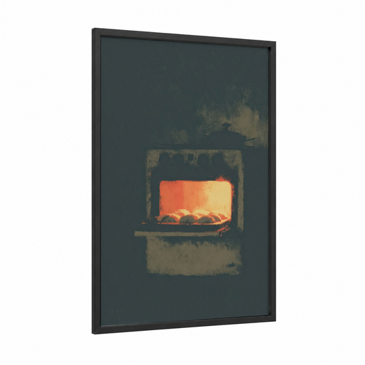 Glowing Fireplace framed baking print — black wood frame — orange and dove gray palette