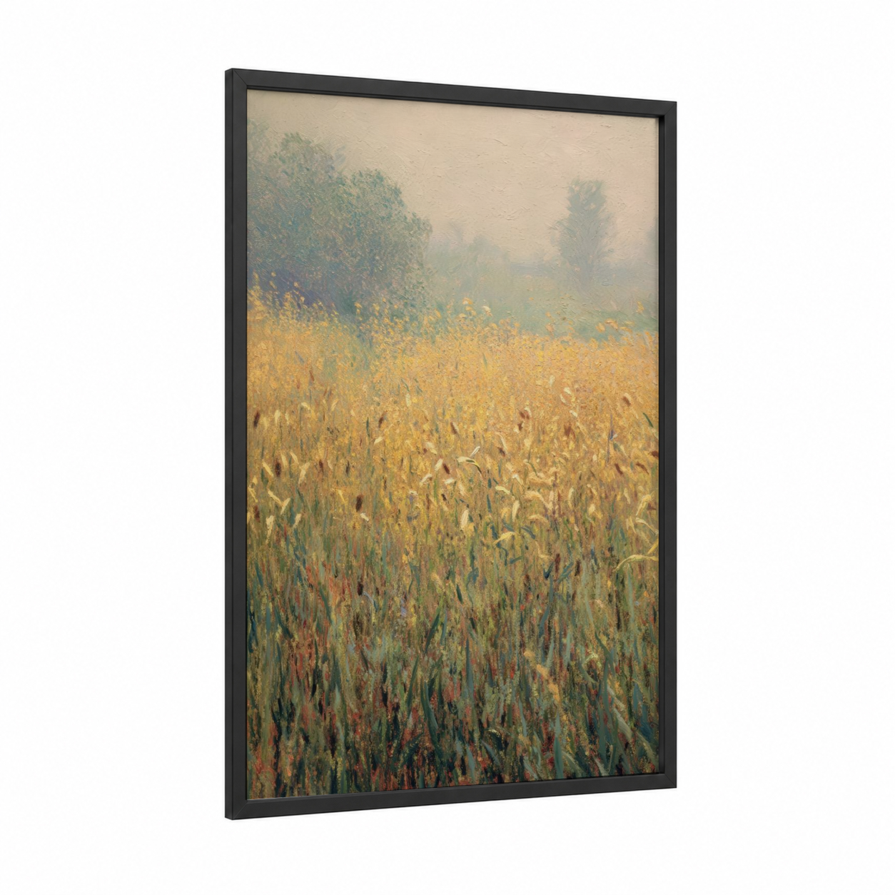 Misty Grain Field framed art print — black wood frame — gold and sage green palette
