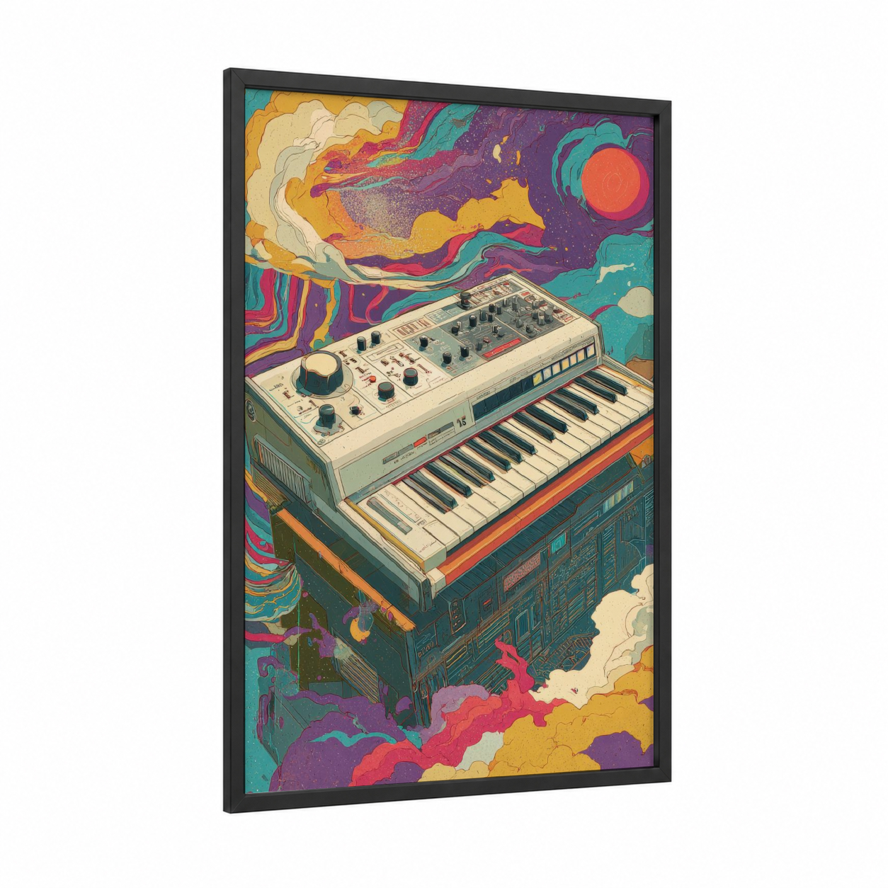 Cosmic Synthesizer framed keyboard print — black wood frame — purple and gold palette