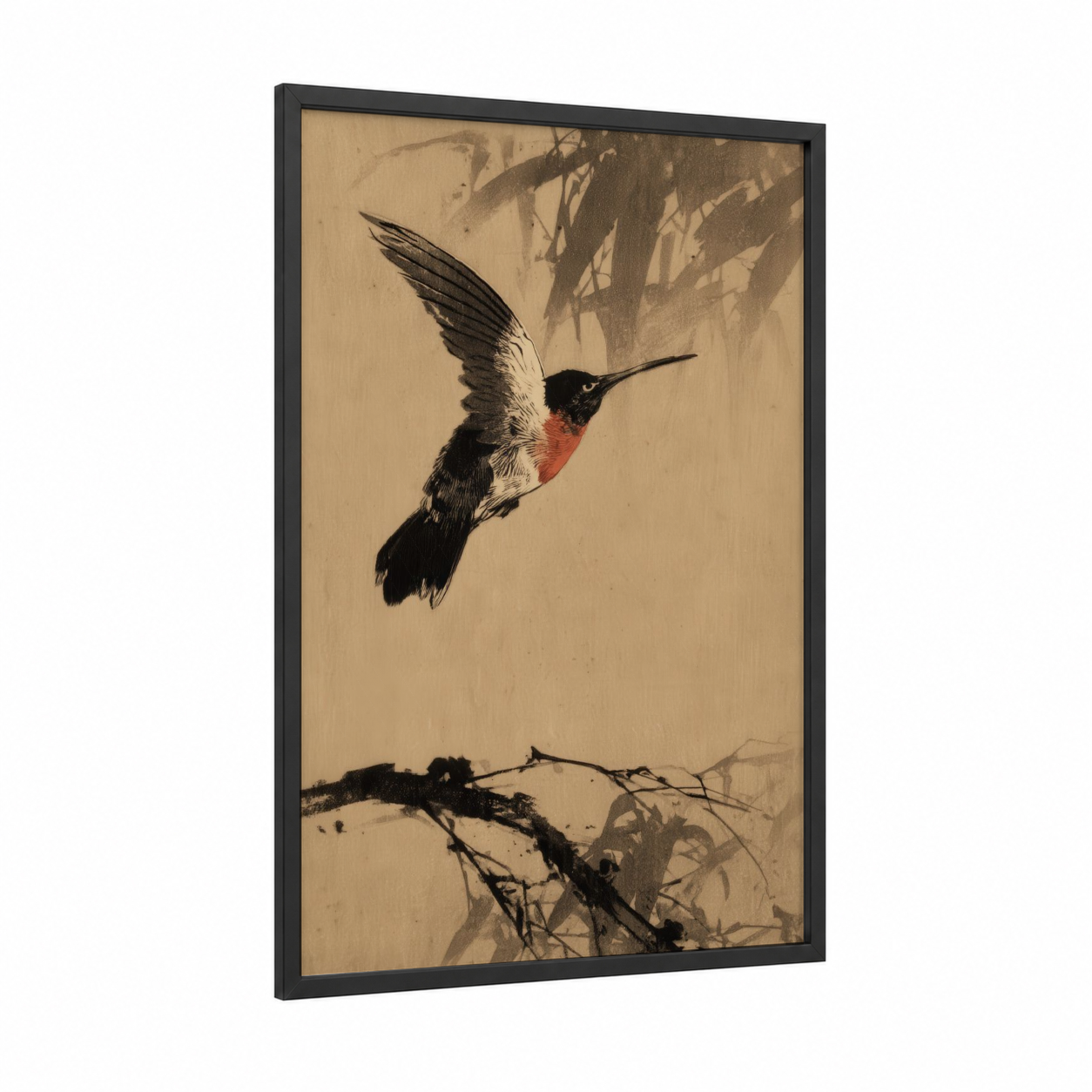 Ruby Hummingbird framed art print — black wood frame — black and white and red palette