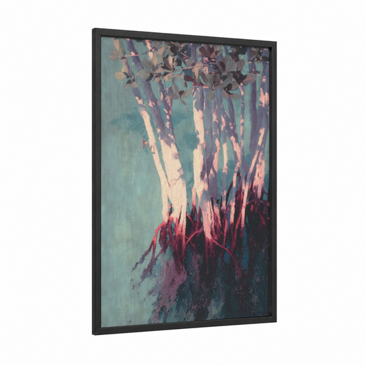 Sunlit Mangrove framed art print — black wood frame — teal and maroon palette