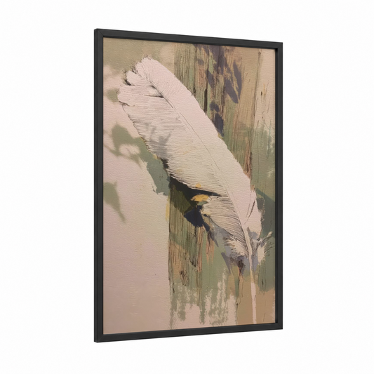 Weathered Turkey Feather framed art print — black wood frame — beige and sage green palette