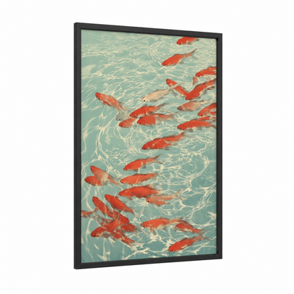Crimson School Goldfish framed art print — black wood frame — turquoise and red palette