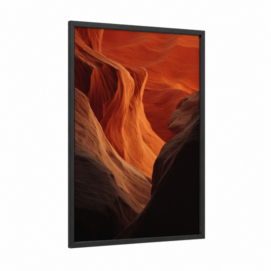 Crimson Canyon Sunset framed art print — black wood frame — orange palette