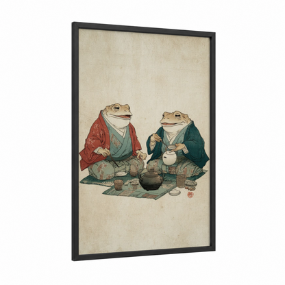 Tea Ceremony Frogs framed frogs and toads print — black wood frame — beige and russet palette