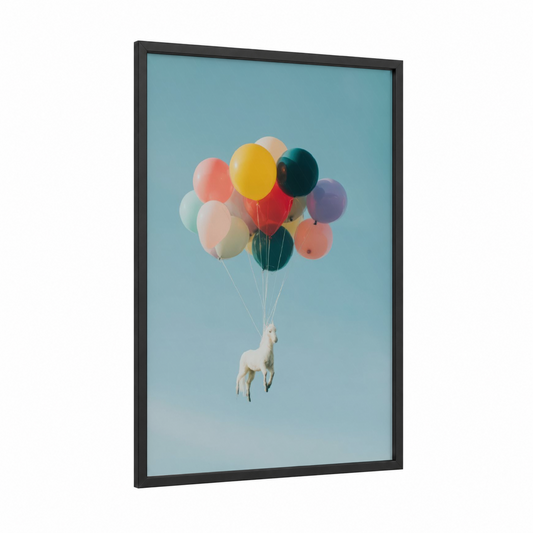 Floating Llama Dreams framed miniature horse print — black wood frame — blue and white and gold palette