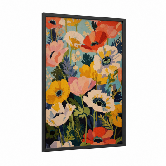 Vibrant Poppy Field framed flower field print — black wood frame — orange and gold palette