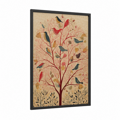 Songbird Dogwood framed art print — black wood frame — cream and russet palette