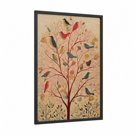 Songbird Dogwood framed art print — black wood frame — cream and russet palette