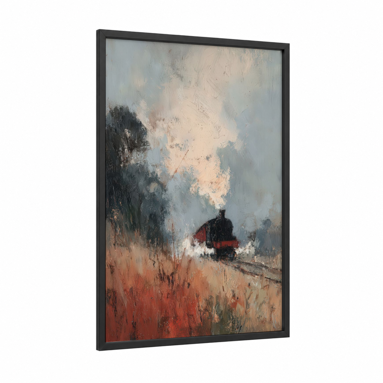Vintage Steam Train framed art print — black wood frame — cream and gray palette