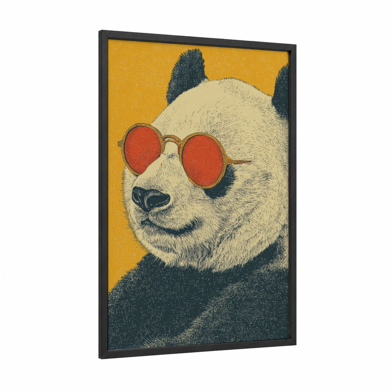 Cool Panda Vibes framed art print — black wood frame — yellow gold and black and white palette