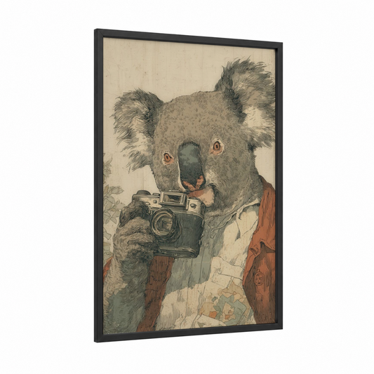 Photographer Koala framed art print — black wood frame — beige and russet palette