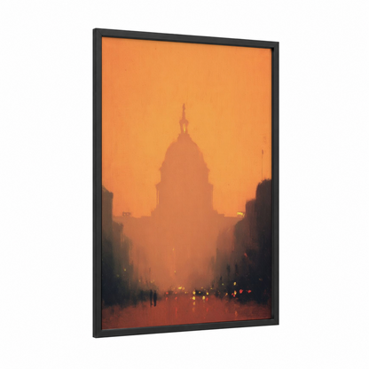 Capitol Sunset framed us capitol print — black wood frame — orange and gold palette
