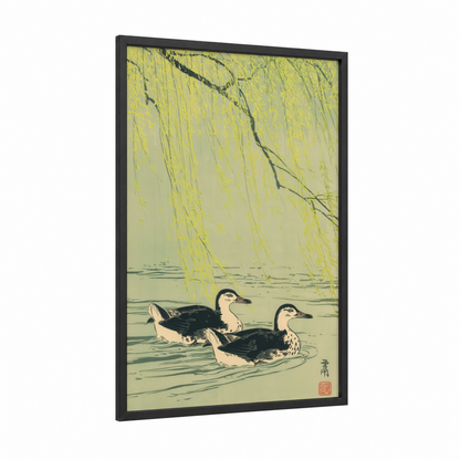 Willow Ducks framed art print — black wood frame — yellow gold and sage green palette
