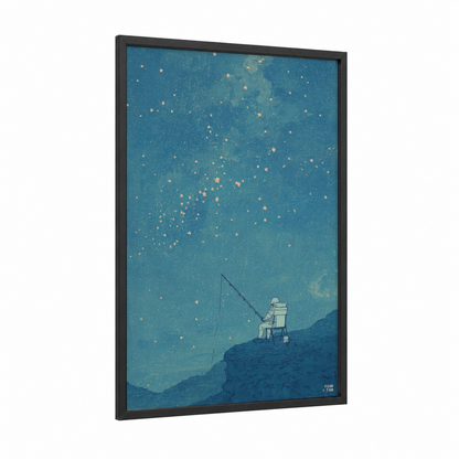Stargazing Solitude framed astroids and comets print — black wood frame — teal and gold palette