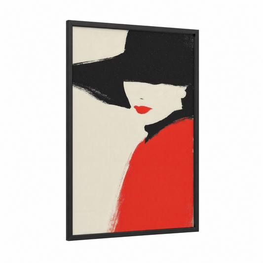 Crimson Elegance framed make up print — black wood frame — black and white and red palette