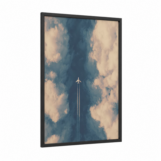 Skyward Jet framed private jet print — black wood frame — blue and white and cream palette