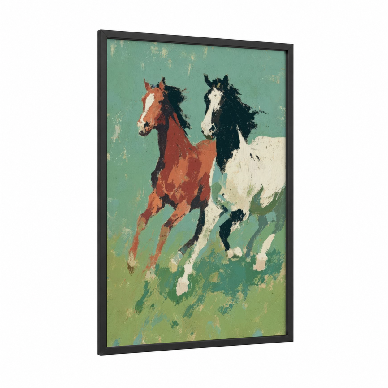 Galloping Companions framed animals in love print — black wood frame — sage green and cream palette