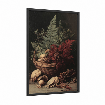 Autumn Forest Basket framed redwood tree print — black wood frame — cream and russet palette