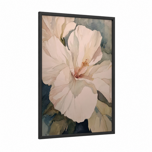Ivory Hibiscus framed art print — black wood frame — cream and sage green palette